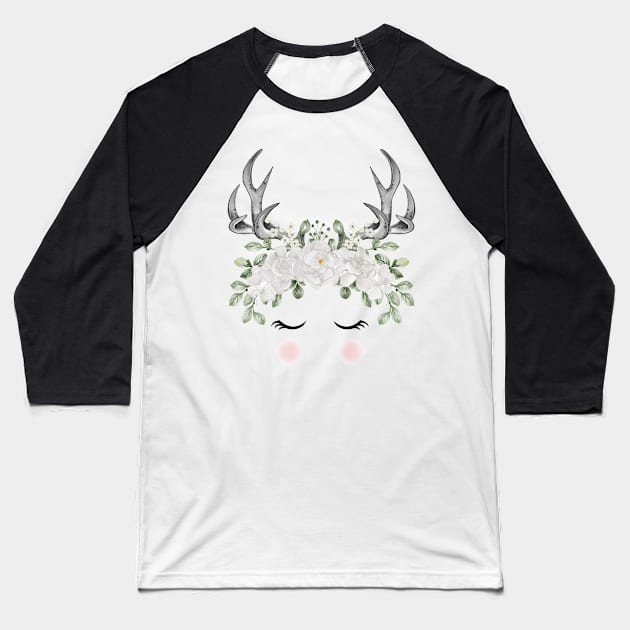 Deer Antlers White Flower Baseball T-Shirt by Mako Design 